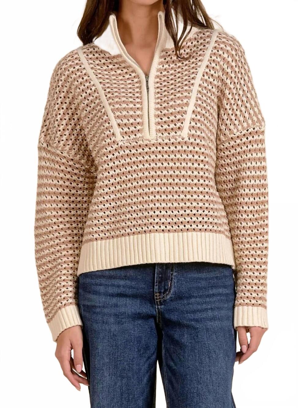 NEW ELAN open knit quarter zip sweater in natural